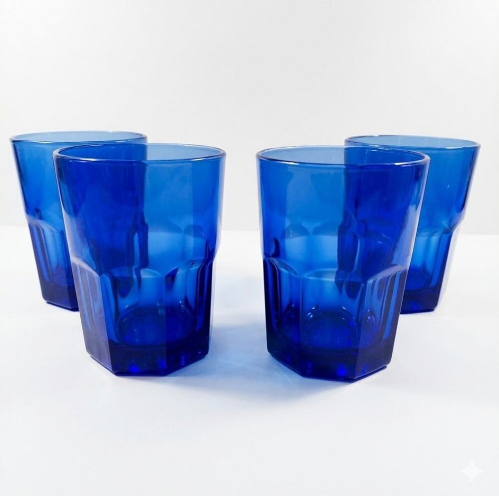 Vintage Boston Set 3 Cobalt Blue Tumbler 4" Drinking Glasses Libbey READ